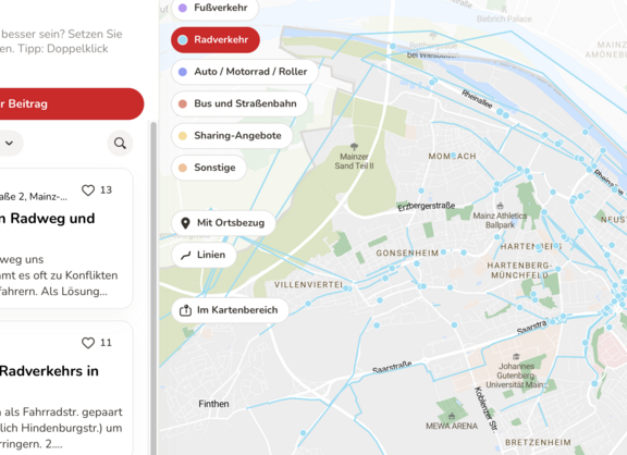 Ausschnitt aus der interaktiven Karte mit Beiträgen zum Radverkehr