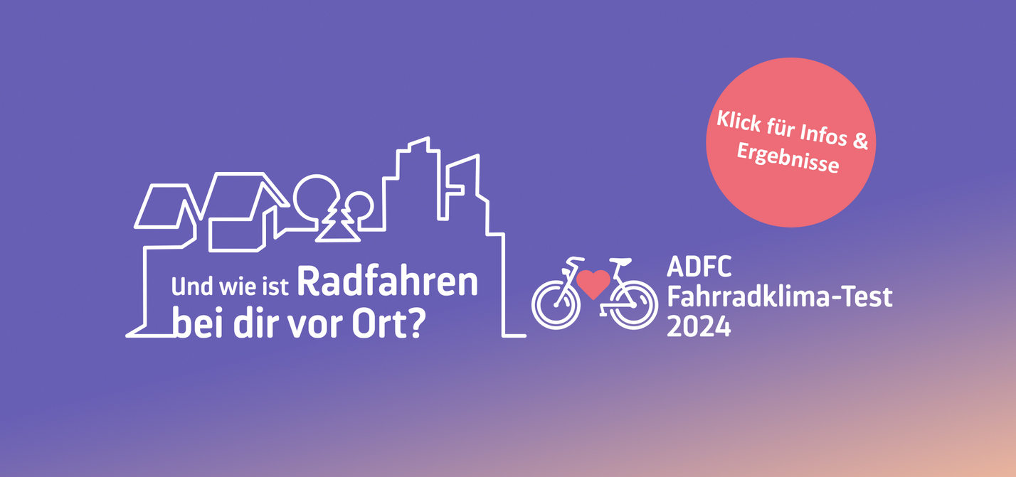 ADFC Fahrradklima-Test 2024 Ergebnisse. Violetter Hintergrund mit weißer Stadtsilhouette. Text: 'Und wie ist Radfahren bei dir vor Ort?' Roter Button 'Klick für Infos & Ergebnisse'. ADFC-Logo mit Fahrrad und Herz.
